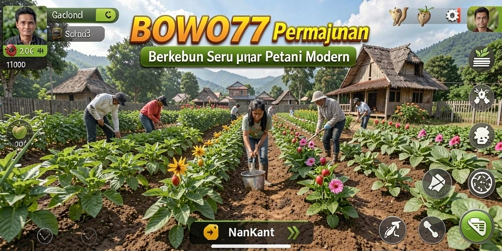 Gameplay seru BOWO77 dengan aktivitas berkebun dan panen.