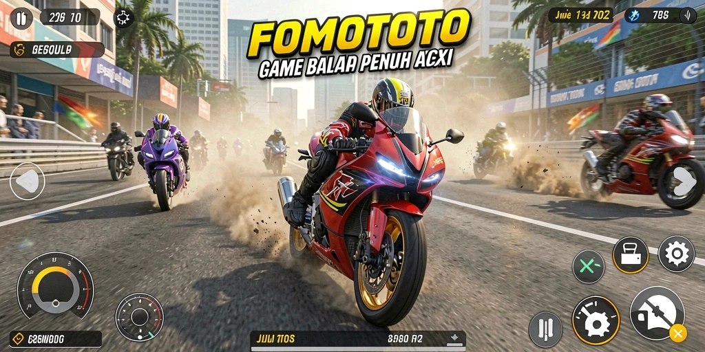 Gameplay FOMOTOTO menampilkan balapan motor yang seru dan menegangkan.
