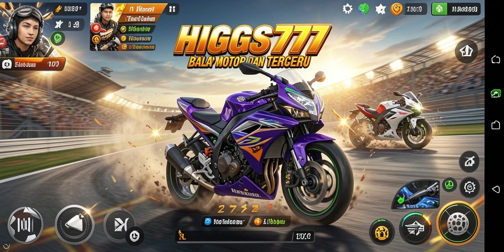 Screenshot dari gameplay HIGGS777 menunjukkan aksi balap motor yang intens.