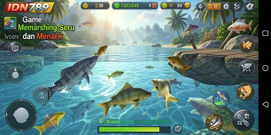 Screenshot IDN789 menampilkan aksi seru saat memancing dengan berbagai ikan.