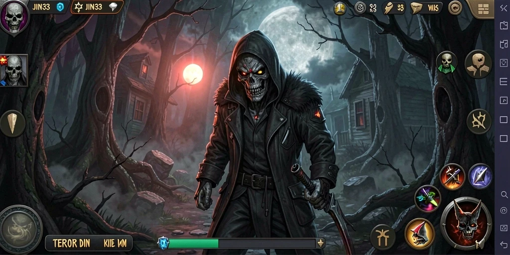 Screenshot gameplay JIN33 menampilkan momen menegangkan saat karakter utama bersembunyi dari makhluk menyeramkan.