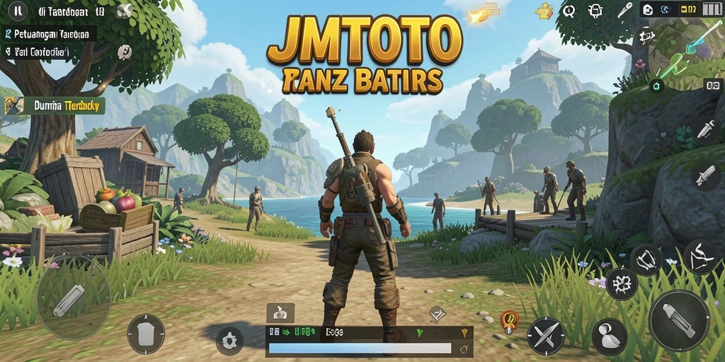 Screenshot gameplay JMTOTO menunjukkan petualangan seru di dunia terbuka.
