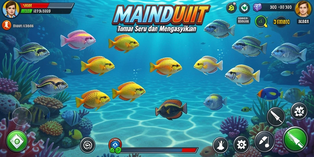 Gameplay MAINDUIT yang menampilkan aksi menembak ikan bawah laut.