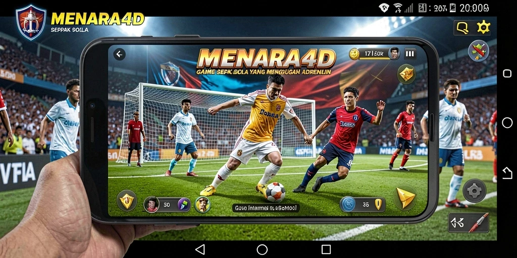 Tangkapan layar gameplay MENARA4D menampilkan aksi seru di lapangan sepak bola.