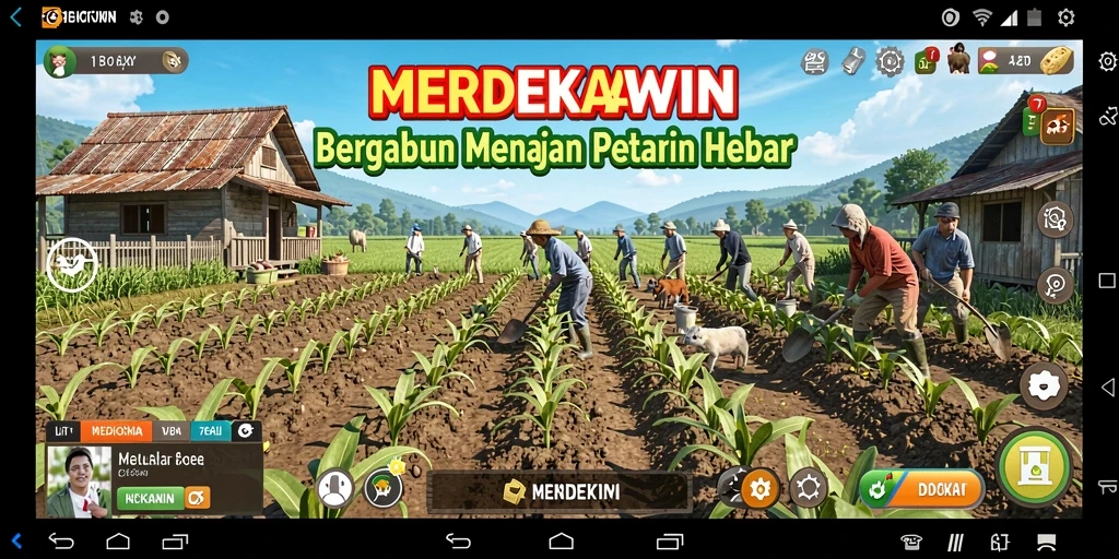 Tangkapan layar gameplay <strong>MERDEKAWIN</strong> yang menunjukkan aktivitas bertani yang menyenangkan.
