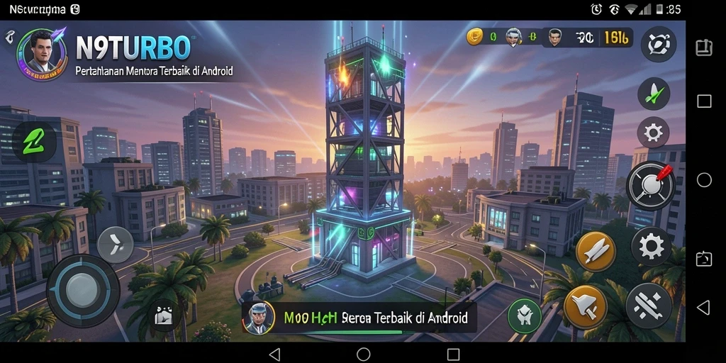 Tampilan gameplay N9TURBO dengan berbagai menara dan musuh yang menyerang.