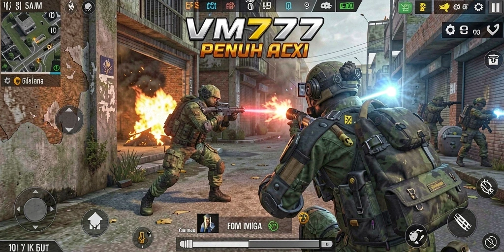 Screenshot menunjukkan pertempuran mendebarkan dalam game FPS.