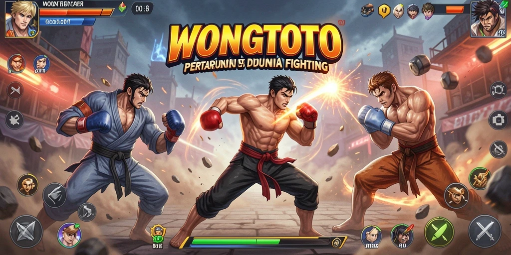 Gameplay aksi mendebarkan dengan karakter bertarung di arena.